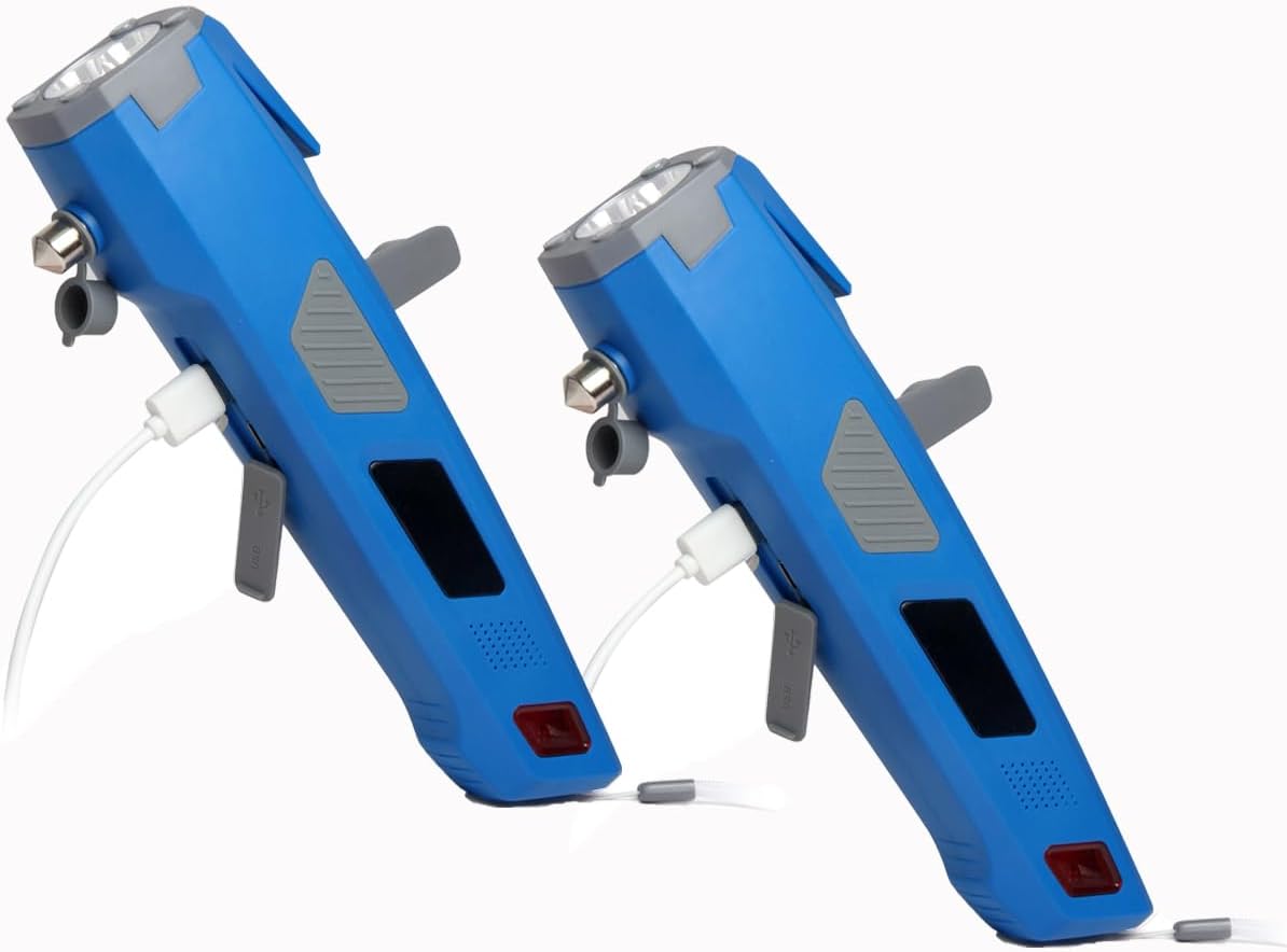 LUXON 8-in-1 Car Emergency Escape Safety Tool Kit:Window Breaker,Seat Belt Cutter,LED Flashlight,Rescue Tool USB Charger,Sire Blink Light, Hand Cranking Charge,Magnetic for Vehicle Escape(Blue)