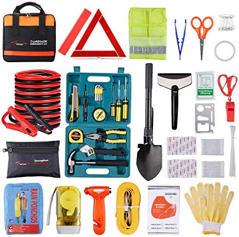 Vetoos Car Roadside Emergency Kit with Jumper Cables, Auto Vehicle Safety Road Side Assistance Kits, Winter Car Kit Essentials for Women and Men, with Car Repair Tool Set, Folding Survival Shovel