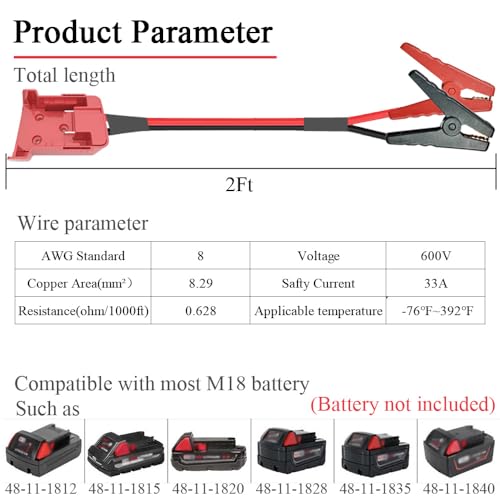 Portable Battery Jumper Cables Compatible with Milwaukee M18 Battery