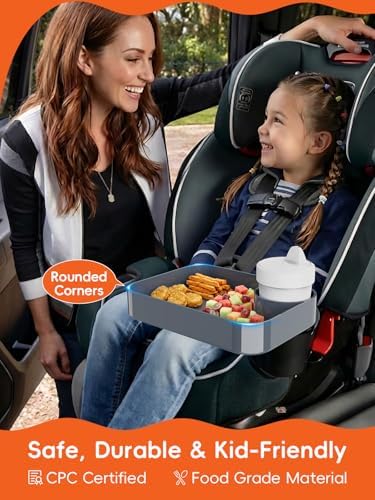 Car Seat Cup Holder Snack Tray for Kids, Reduces Mess, Detachable Large Base & Adjustable Ring, Carseat Tray for Toddler, Car Seat Food Tray Table for Kids Travel Road Trip Essentials-Dark Gray