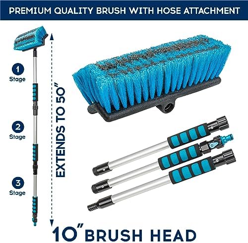 DSV Standard Car Wash Brush with 50'' Long Handle, Car Cleaning Brush with Hose Attachment, Car Brushes for Washing 10'' Soft Bristles for Scratch-Free Cleaning Auto, Truck, Boat, Floor and More