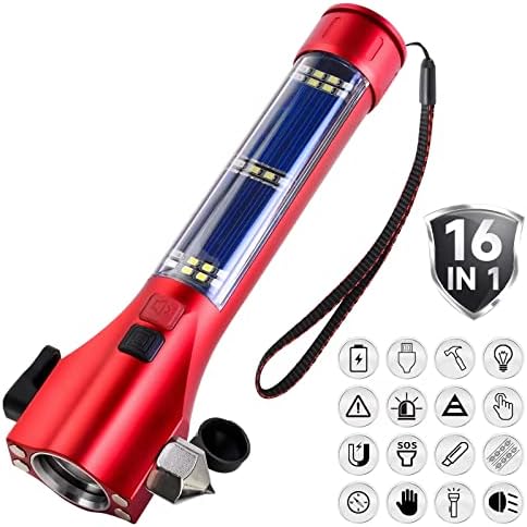 Car Flashlights for Emergencies, Window Breaker Seatbelt Cutter Multifunction Solar Flashlights, Waterproof LED Flashlight Rechargeable Solar Powered Emergency Flashlight for Outdoor