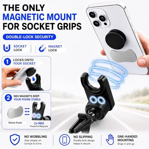 MCCHJoy 2X-Hold Magnetic Car Mount for PopSockets, Easy to Install Air Vent Mount, Adjustable and Secure, Fits All Phones All Socket Grips, Upgraded Vent Clip