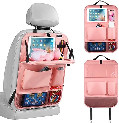 LUCMO Car Backseat Organizer with Foldable Tablet Holder, Pink | 6 Storage Pockets,Foldable Food Tray,Protectors Kick Mats,Travel Accessories,Seat Cover,Road Trip Essentials