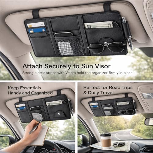 Car Sun Visor Multi-Pocket Organizer — Black (Universal Car/SUV/Truck Storage Pouch)