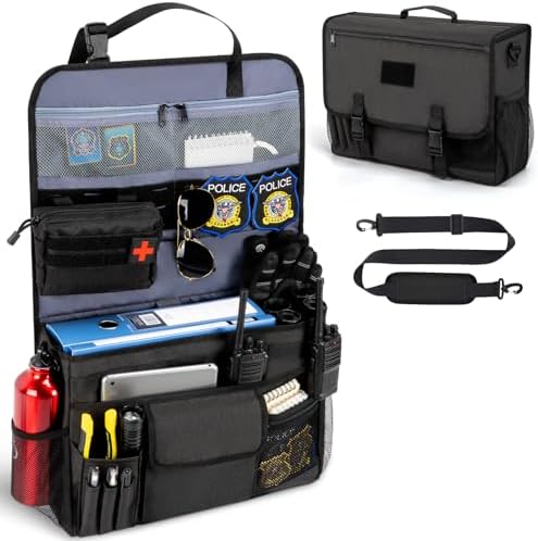 GDNasist Patrol Bag Law Enforcement, Car Front Seat Organizer, Police Duty Bag for Police Gear with 15.6" Laptop Storage, Molle Webbing, Multiple Compartment, Removable Straps, Black