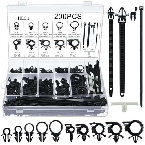 Funnymoom 200pcs Car Wire Loom Routing Clips Push Mount Cable Tie Assortment 15 Sizes Cable Zip Tie with Car Wire Loom Routing Clips Universal Wiring Harness Clip Replacement Parts for Automotive