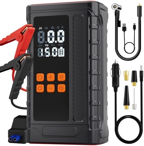Portable Car Jump Starter with Air Compressor, 14.8V 2000 * 4mAh Battery Booster, 150PSI Tire Inflator, Power Bank & LED Flashlight for Roadside Emergencies & Travel