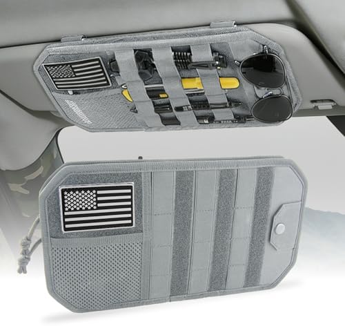 Car Sun Visor Organizer, Tactical Molle Panel Visor Storage Organizer with Sunglasses Holder for Police Gear & Overland Accessories, Universal Fit for Trucks, SUVs, Jeeps & Patrols, Grey