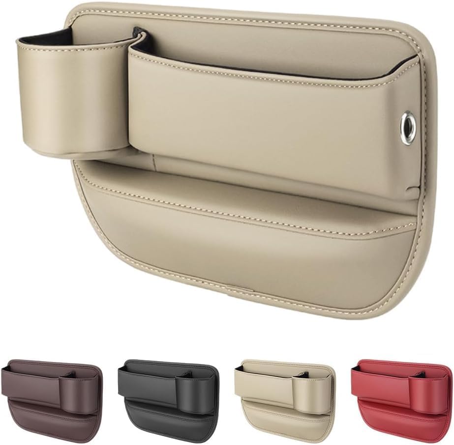 Car Leather Cup Holder Gap Bag,2026 Upgrade Car Storage Box with Cup Holder,Seat Storage Box Gap Filler Organizer for Glasses Phone Keys and Cards (Black, Driver's Seat)