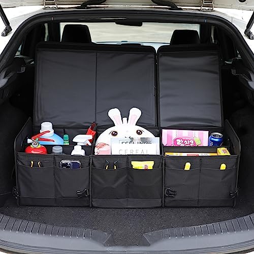 AOKJOY Car Trunk Organizer with Lid Storage Collapsible Multi Compartment Adjustable Straps for SUV, Truck, Sedan(Black) XL