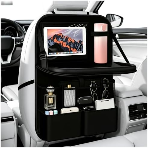 2026 New Backseat Car Organizer,Multifunctional Back Seat Car Organizer with Foldable Table Trays,Hanging Cars Seats Backs Organizers as Kick Mats Back Seat Protector