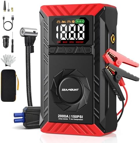 10-in-1 UltraSafe Jump Starter with Air Compressor, Portable Car Jump Box with LED Flashlight,Portable Tire Inflator, Jump Box, 60Wh Power Bank & Jumper Cables for 6.0L Gas/3.0L Diesel Engines