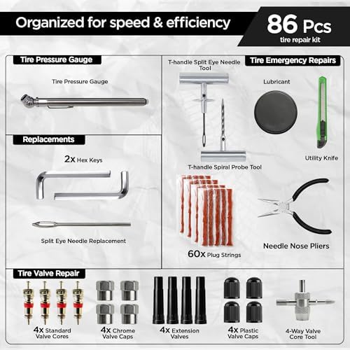 Tire Plug Kit 86 Piece - Universal Heavy Duty Flat Tire Repair Tool Kit - Fix for Car, Truck, Motorcycle, ATV, RV, Jeep & More - All in One Puncture Repair Kit