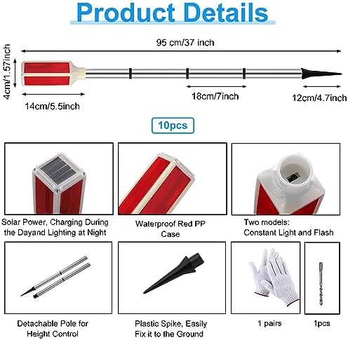 Baquler 10 Pcs Solar Powered Driveway Markers Reflective Driveway Lights Landscape Reflectors with Drill Bit Gloves for Snow Road Outdoor Yard Parking Sidewalk(Red)