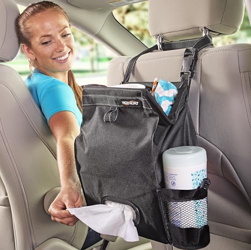 High Road Car Organizer with Car Trash Bag and Tissue Holder - Holds Full Size Tissue Box, Bottles and Wipe Containers - 2 Gal Leakproof Covered Car Trash Can with Push-Close Lid