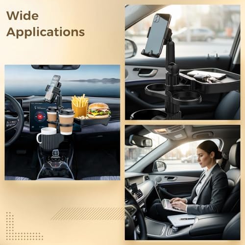 6-in-1 Car Cup Holder Expander with Tray & Phone Mount, Car Food Tray with 360° Rotation Adjustable Base, Car Cup Holder, Ideal for Drinks, Snacks, Foods