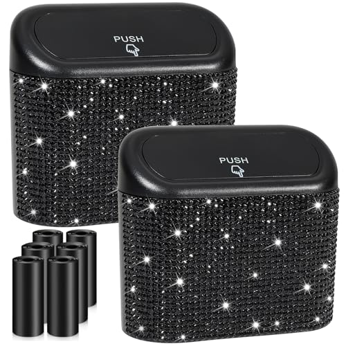 Accmor 2 Pack Bling Car Trash Can with Lid, Small Garbage Can, Auto Garbage Storage Bin with 90pcs Garbage Bags, Sparkling Crystal Trash Bags Holder for Car, Home, Office Storage (Black Rhinestone)