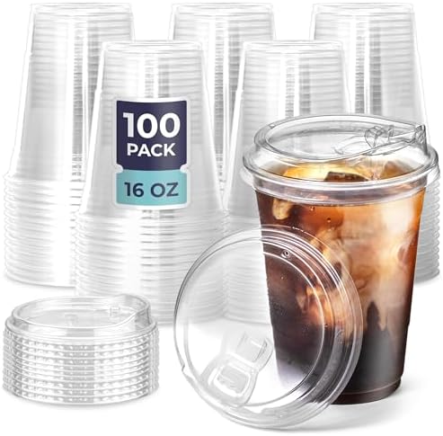Fit Meal Prep 100 Pack 16 oz Clear Plastic Cups With Strawless Sip Lids, Disposable To Go Cups for Iced Coffee, Smoothies, Soda, Party Drinks, Bubble Tea, Cold Beverage