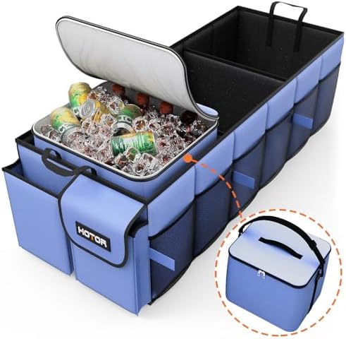 HOTOR Trunk Organizer, Sturdy Foldable with Cooler for Car & SUV, 3 Compartments, Blue, 30.90”×12.60”×10.63”