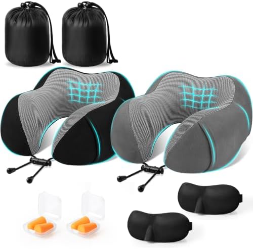 CloudBliss Travel Pillows for Airplane, Memory Foam Neck Pillows for Travel, Compact Neck Pillow for Long Flight, Car & Office, Plane Accessories with Eye Mask, Earplugs, Carry Bag, Black & Dark Grey
