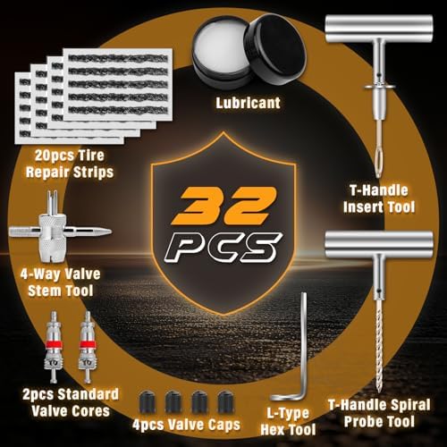 32 PCS Flat Tire Repair Kit, Tubeless Tire Patch Kit for Cars, ATVs
