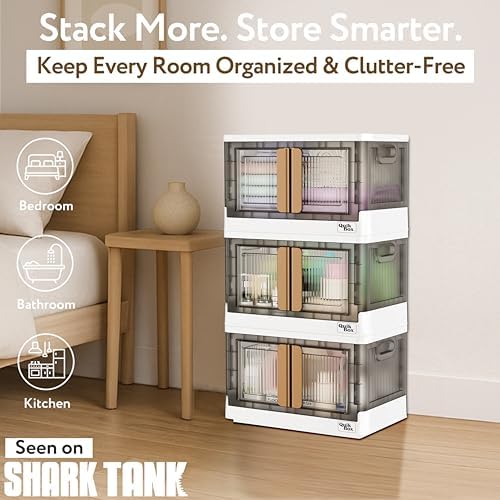 dbest products Quik Box - 8.5 Gallon 3-Pack Stackable Storage Bins with Doors & Wheels - Collapsible Organizer for Dorms, Bedroom & Home - Durable Polystyrene - White
