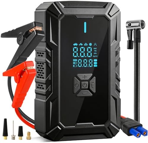 Car Battery Jump Starter with Air Compressor, Portable Jump Pack Fit for 1.5L-9L Gas & Diesel Vehicles (All 12V Batteries Car), Fast Tire Inflation Car Battery Booster Ideal for Men