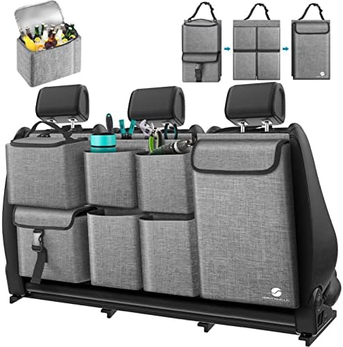 Car Trunk Organizer with Cooler, Hanging Organizers with Large Pockets, Zippers Detachable Seat Back Storage, Waterproof for Jeeps, SUVs, Grey