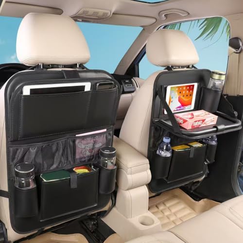 Leather Car Backseat Organizer with Tablet Holder - 9 Large Storage Pockets, Foldable Food Tray & Anti-Scratch Kick Mats - Universal Car Seat Protector for Kids, Pets & Travel Accessories 1 Pack