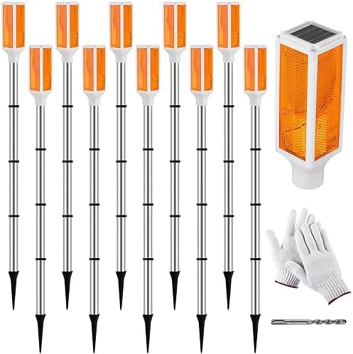 Baquler 10 Pcs Solar Powered Driveway Markers Reflective Driveway Lights Landscape Reflectors with Drill Bit Gloves for Snow Road Outdoor Yard Parking Sidewalk(Orange)