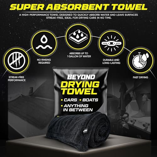 Beyond Drying Towel - Super Absorbent Large Premium Microfiber Detailing Towel for Cars and Boats - 24" x 36" Black