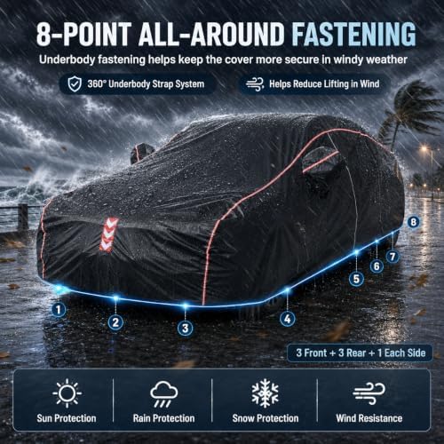 Car Cover Waterproof All Weather, 8-Point Fastening for Sedans 186-193 in | 8-Point Fastening, 120s Quick Setup, 600D Oxford Fabric, All-Weather Protection
