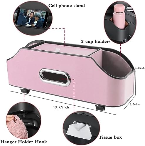 HOLDCY Car Back Seat Organizer with 2 Drink Cup Holder - Tissue Box and Storage Box Hook - Multi-functional Storage - Great for Kids and Travel (Pink)
