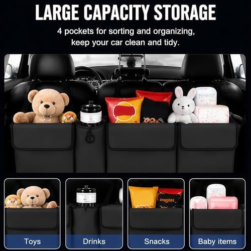 Car Trunk Organizer – Backseat Hanging Large Storage Bag with Adjustable Straps, Waterproof Collapsible Cargo Organizer with 4 Pockets, Space-Saving Trunk Storage for SUV Truck MPV (Black)