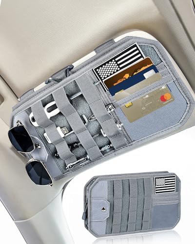 Heavy Duty Molle Car Sun Visor Organizer Tactical Pounch with Flag and Glasses Clip Store Your Daily Items for Most Cars, Trucks, SUVs, Compacts, 12.8"x6.9"x1.2" (Gray)