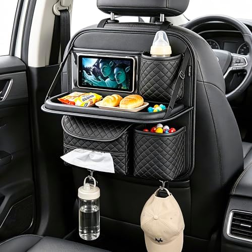 PU Leather Backseat Car Organizer with Foldable Tray & Tablet Holder, Luxury Diamond Stitching Design, Universal Car Seat Storage Organizer for Kids & Family Travel Accessories, Black