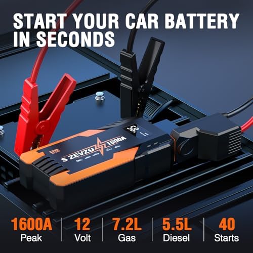 S ZEVZO Jump Starter 1600A Peak Portable Jump Starter for Car (Up to 7.0L Gas 5.5L Diesel Engine) 12V Auto Battery Booster Pack with Jumper Clamps