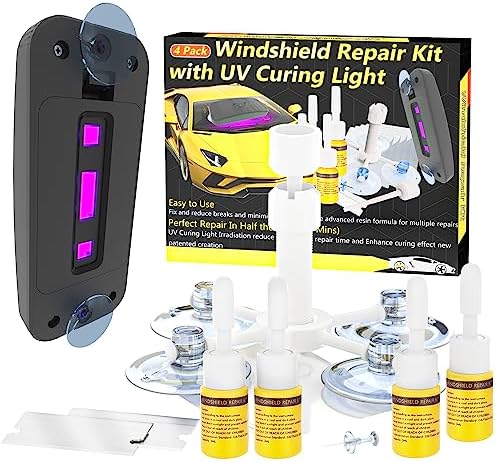 CLAMPER Windshield Repair Kit, Windshield Crack Repair Kit 4 Pcs, Windscreen Repair Kit with Enhanced Injection Head Suction Cup UV Curing Light, Windshield Chip Repair Kit for Bulls-Eye (Yellow)