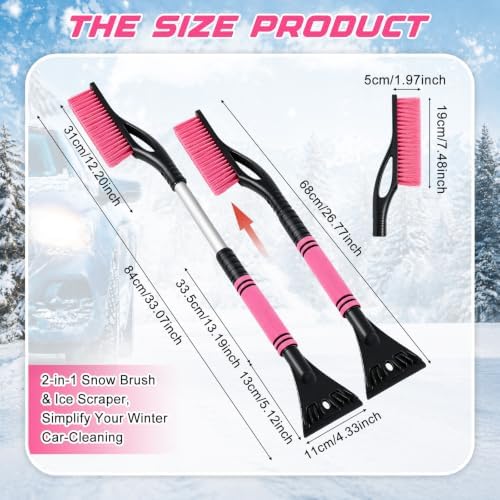 32'' Extendable Snow Brush and Ice Scraper for Car Windshield, Pink 2 in 1 Detachable Snow Scraper with Soft Grip Handle Additional Handhold, Multi-functional Removal Tool for Car, Truck, SUV