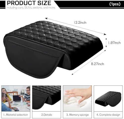 Car Armrest Cushion, 12.2"×8.3" Leather Auto Memory Foam Center Console Pad with Storage Pocket, Waterproof & Anti-Scratch Elbow Pillow Armrest Seat Box Protector, Universal Fit (Black)