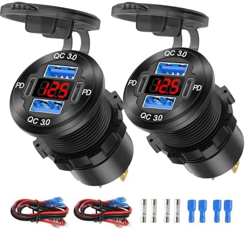 2 Pack 12V USB Outlet 4 Port Car Charger Socket, 78W Dual PD USB C and Dual Quick Charge 3.0 Port Aluminum Charger with Red Voltmeter DIY Kit Waterproof for Car Boat Marine Motorcycle RV Truck, etc