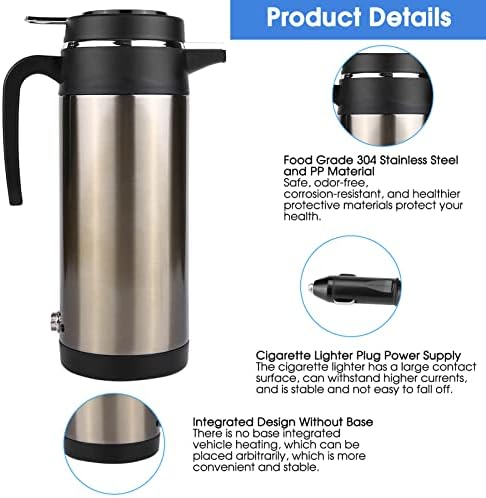 Acouto 12V Car Electric Kettle 1000ML Stainless Steel Car Electric In-car Kettle Travel Thermoses Heating Water Bottle Heating Cup