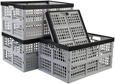 Readsky 42 Liter 4 Pack Collapsible Plastic Storage Crates, Folding Crate Storage, Stackable Utility Totes for Car Trunk, Home, Office, and Pantry Organization