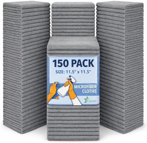 GREEN LIFESTYLE Microfiber Cleaning Cloth 11.5" x 11.5" 150 Pack - Edgeless Microfiber Towels for Cars, Cleaning Rags, Lint Free Car Microfiber Towel, Reusable Cleaning Cloths for House, Garage (Grey)