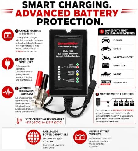 BatteryMINDer 15CEC1B 12V-1.5A Smart Battery Trickle Charger, Maintainer, and Desulfator with Battery Condition Indicator - for Winter and Long Term Storage
