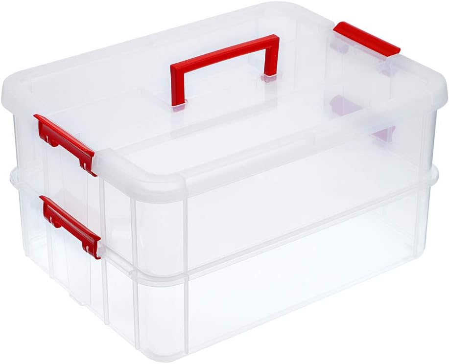 BTSKY 2 Layer Stack & Carry Box, Plastic Multipurpose Portable Storage Container Box Handled Organizer Storage Box for Organizing Stationery, Sewing, Art Craft, Jewelry and Beauty Supplies Black
