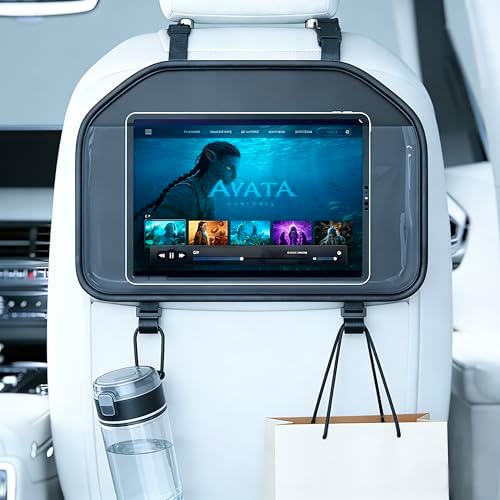 Car Tablet Holder, Backseat Headrest Mount for iPad, Adjustable Seat Organizer with Touch Screen Pocket & Storage Hooks, Fits 7-11 Inch Tablets, Kids Travel Accessory