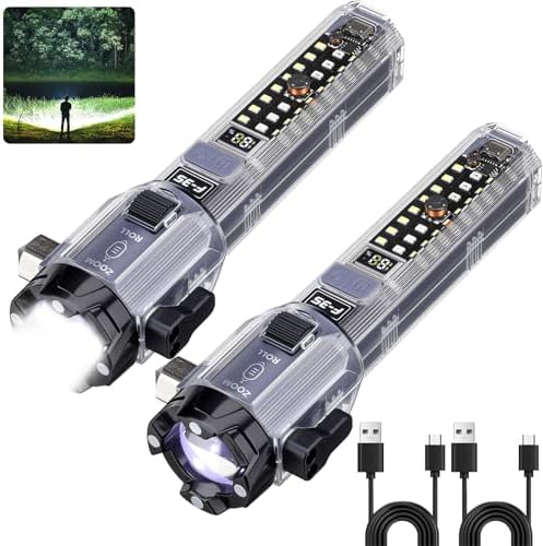 Car Emergency Flashlights Rechargeable 2Packs, 990,000L High Lumens Car Flashlight Emergency Kit, 7 Modes Tactical LED Flash Light with Window Breaker, Belt Cutter, Alarm Buzzer, Magnet, USB C for Car