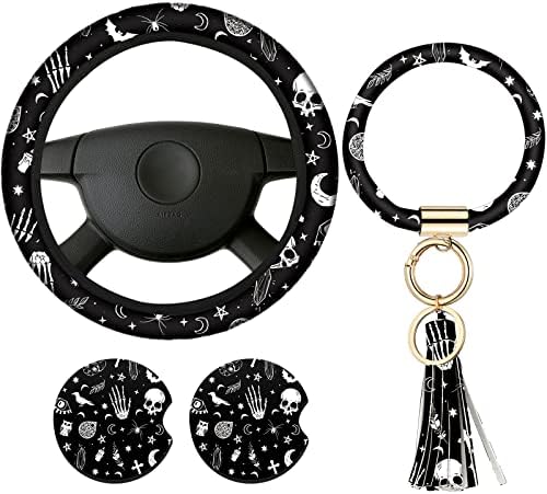 4 Pieces Black Moons White Stars Print Car Accessories Set Black Moons White Stars Steering Wheel Cover with 2 Pieces Car Cup Holder and Leather Keyring for Truck SUV(Horror Pattern)